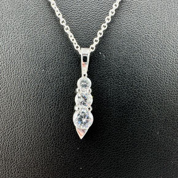 Cubic Zirconia Triple Gem Prong Set Modern Minimalist Silver Tone 18" Necklace - Picture 6 of 8